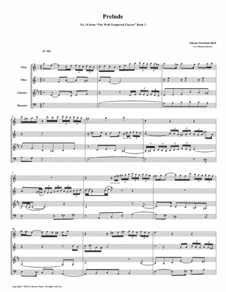 Prelude 14 From Well Tempered Clavier Book 2 Woodwind Quartet Sheet Music