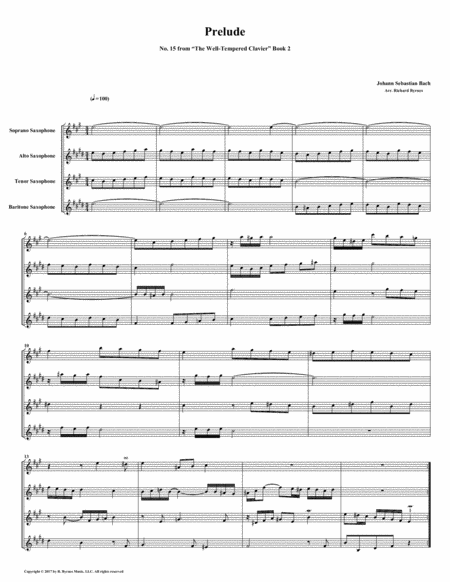 Prelude 15 From Well Tempered Clavier Book 2 Saxophone Quartet Sheet Music