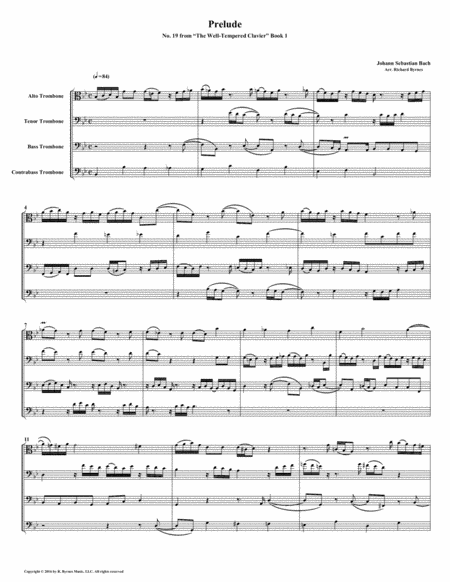 Prelude 19 From Well Tempered Clavier Book 1 Trombone Quartet Sheet Music