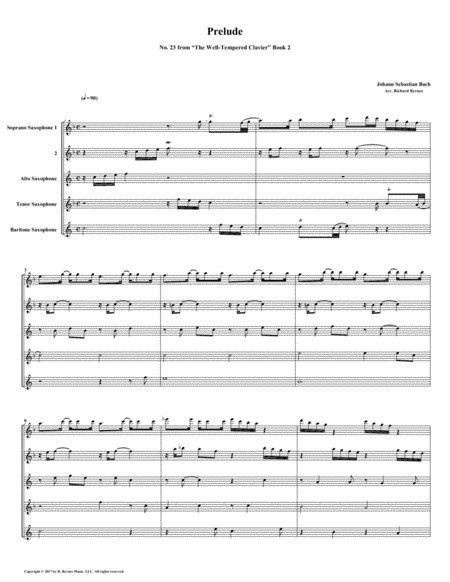 Free Sheet Music Prelude 23 From Well Tempered Clavier Book 2 Saxophone Quintet