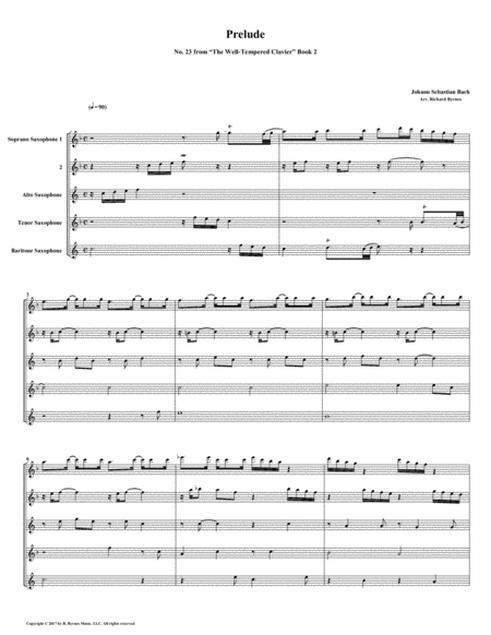 Prelude 23 From Well Tempered Clavier Book 2 Saxophone Quintet Sheet Music