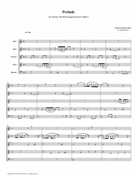 Prelude 24 From Well Tempered Clavier Book 2 Woodwind Quintet Sheet Music