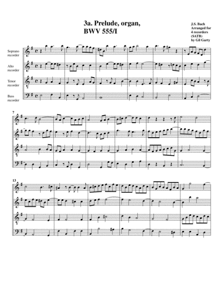 Free Sheet Music Prelude And Fugue Bwv 555 Arrangement For 4 Recorders