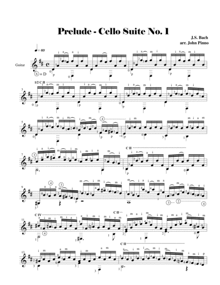 Prelude From Cello Suite No 1 Js Bach 1685 1750 Solo Classical Guitar Sheet Music