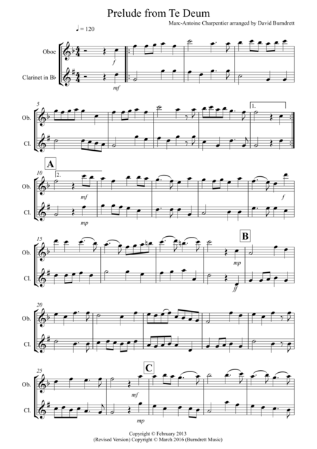 Prelude From Te Deum For Oboe And Clarinet Duet Sheet Music