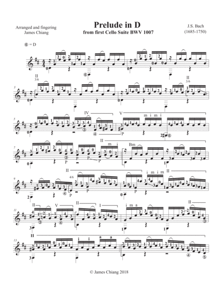Free Sheet Music Prelude In D From Cello Suite Bwv 1007 By Js Bach Arranged And Fingering For Classical Guitar By James Chiang