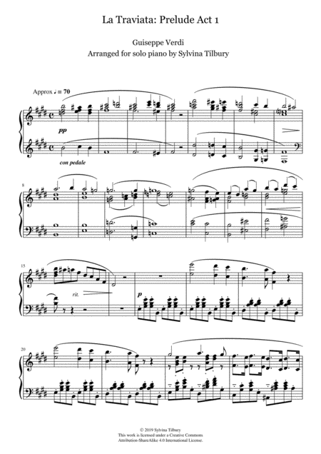 Free Sheet Music Prelude To Act 1 From La Traviata By G Verdi Piano Solo