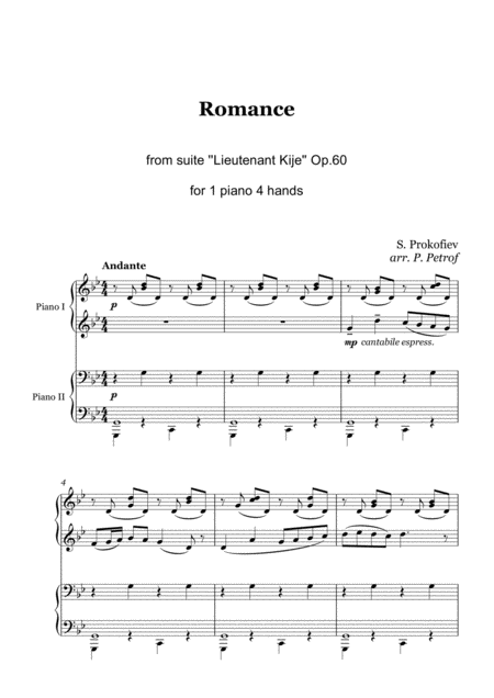 Free Sheet Music Prokofiev Romance From Lieutenant Kije Op 60 1 Piano 4 Hands