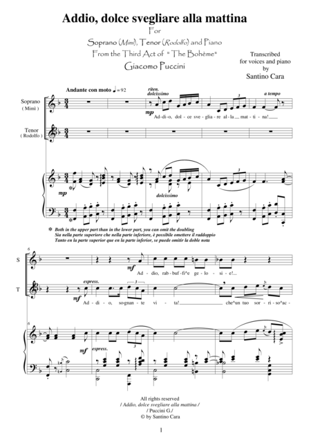 Free Sheet Music Puccini La Bohme Act3 Addio Dolce Svegliare Alla Mattina Soprano Tenor And Piano