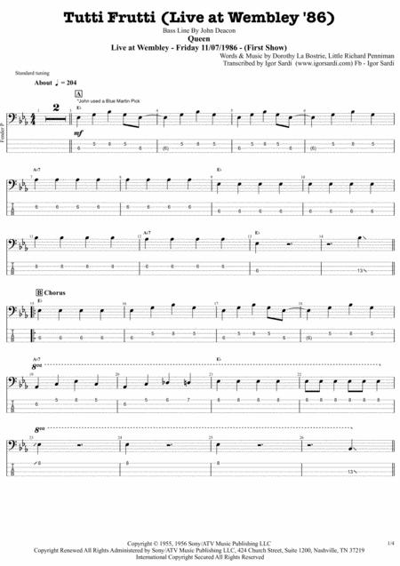 Queen Cover Of Little Richard Song Tutti Frutti Live At Wembley 86 Complete And Accurate Bass Transcription Whit Tab Sheet Music