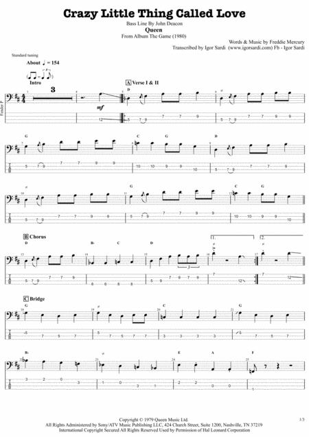Free Sheet Music Queen Crazy Little Thing Called Love Accurate Bass Transcription Whit Tab