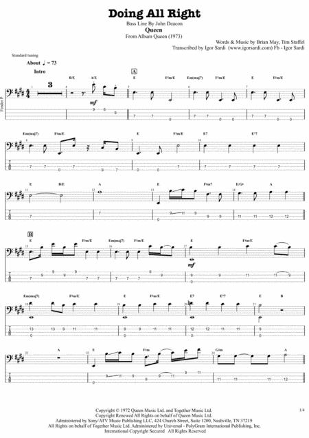 Free Sheet Music Queen Doing All Right Accurate Bass Transcription Whit Tab