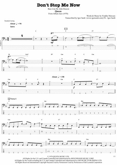 Free Sheet Music Queen Dont Stop Me Now Accurate Bass Transcription Whit Tab