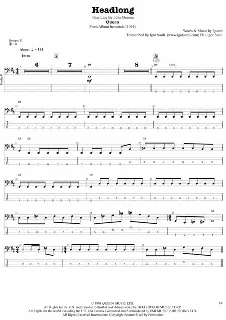 Free Sheet Music Queen Headlong Accurate Bass Transcription Whit Tab