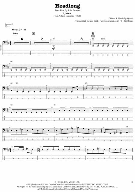 Queen Headlong Accurate Bass Transcription Whit Tab Sheet Music