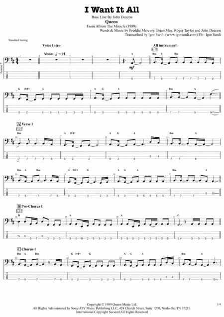 Queen I Want It All Accurate Bass Transcription Whit Tab Sheet Music