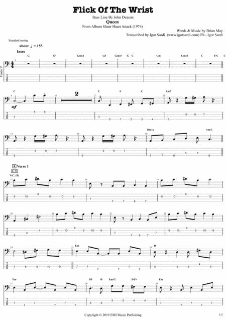 Queen John Deacon Flick Of The Wrist Complete And Accurate Bass Transcription Whit Tab Sheet Music