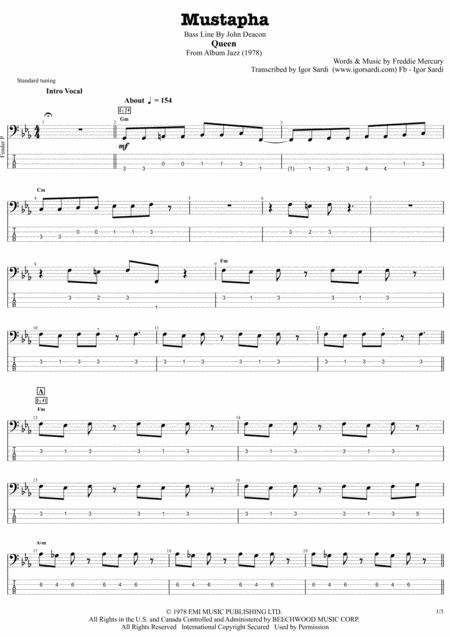 Queen John Deacon Mustapha Complete And Accurate Bass Transcription Whit Tab Sheet Music