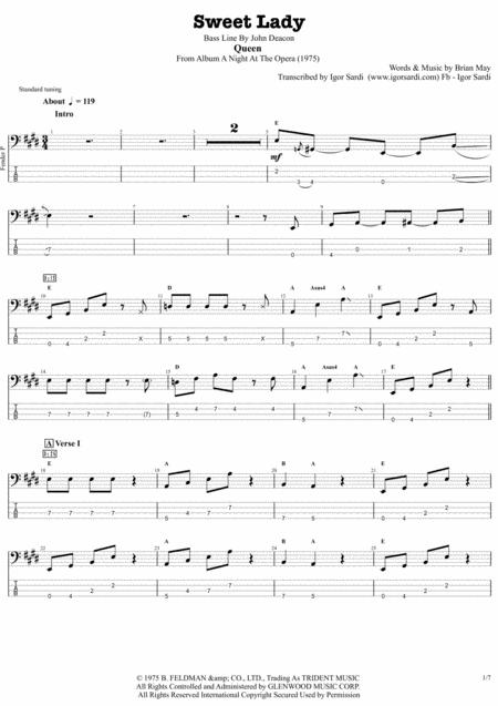 Free Sheet Music Queen John Deacon Sweet Lady Complete And Accurate Bass Transcription Whit Tab