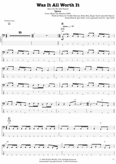 Queen John Deacon Was It All Worth It Complete And Accurate Bass Transcription Whit Tab Sheet Music