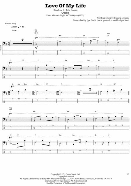 Queen Love Of My Life Studio Version Accurate Bass Transcription Whit Tab Sheet Music