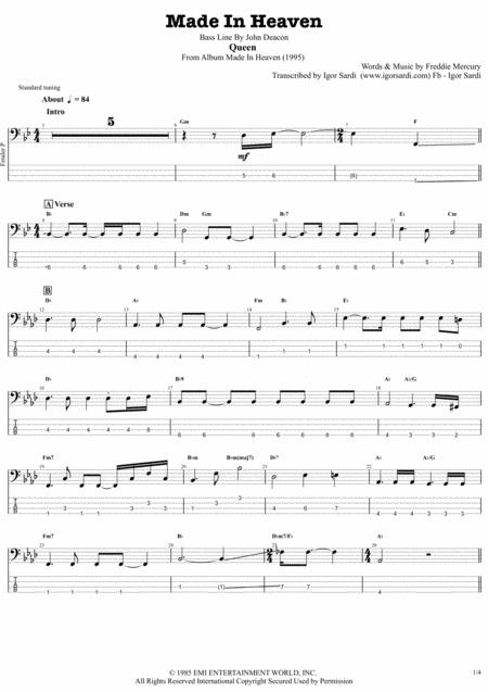 Queen Made In Heaven Accurate Bass Transcription Whit Tab Sheet Music