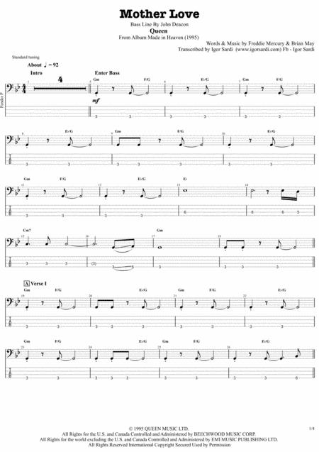 Free Sheet Music Queen Mother Love Accurate Bass Transcription Whit Tab