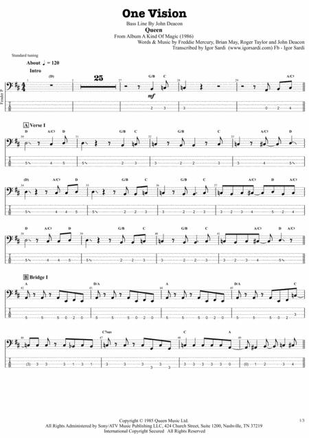 Free Sheet Music Queen One Vision Complete Ed Accurate Bass Transcription Whit Tab