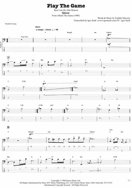 Queen Play The Game Accurate Bass Transcription Whit Tab Sheet Music