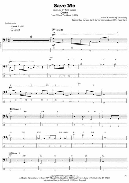 Queen Save Me Accurate Bass Transcription Whit Tab Sheet Music