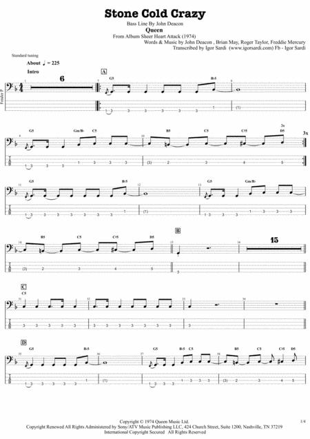 Free Sheet Music Queen Stone Cold Crazy Complete And Accurate Bass Transcription Whit Tab