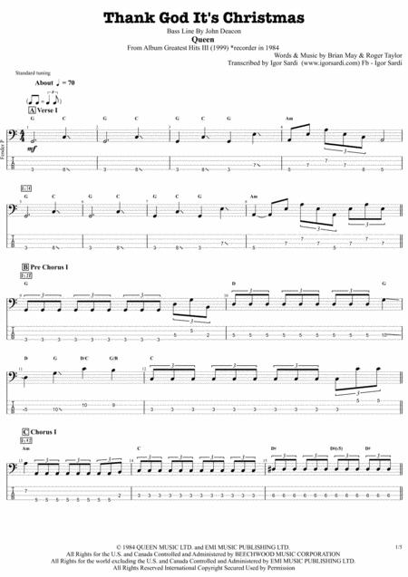 Queen Thank God Its Christmas Complete And Accurate Bass Transcription Whit Tab Sheet Music