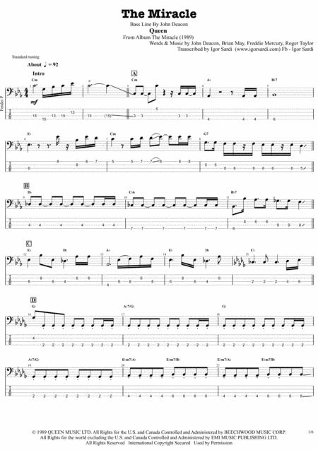 Queen The Miracle Complete And Accurate Bass Transcription Whit Tab Sheet Music