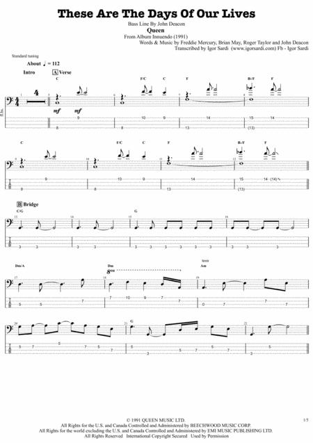 Queen These Are The Days Of Our Lives Complete And Accurate Bass Transcription Whit Tab Sheet Music