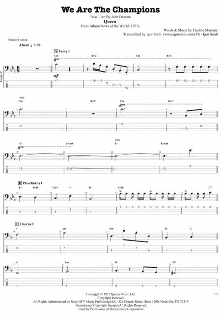 Free Sheet Music Queen We Are The Champions Complete And Accurate Bass Transcription Whit Tab