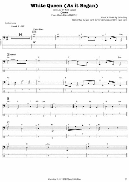 Queen White Queen As It Began Complete And Accurate Bass Transcription Whit Tab Sheet Music