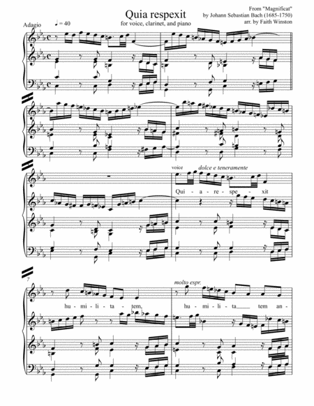 Quia Respexit Vocal Solo From Magnificat With Clarinet And Piano Accompaniment Sheet Music