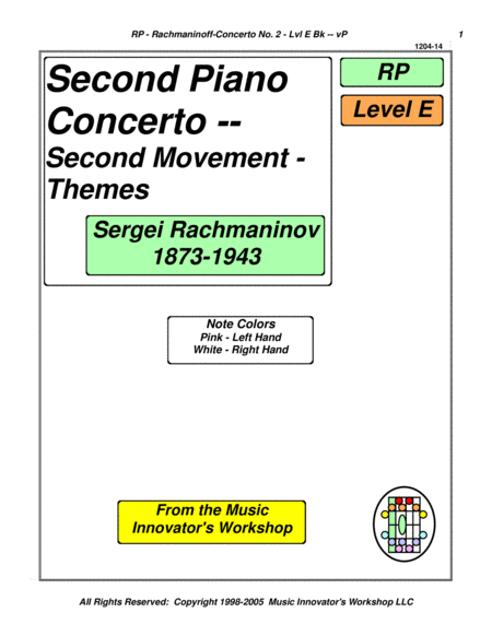 Rachmaninoff 2nd Piano Concerto 2nd Mvt Arr Key Map Tablature Sheet Music