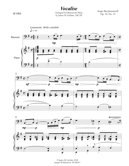 Rachmaninoff Vocalise For Bassoon Piano Sheet Music