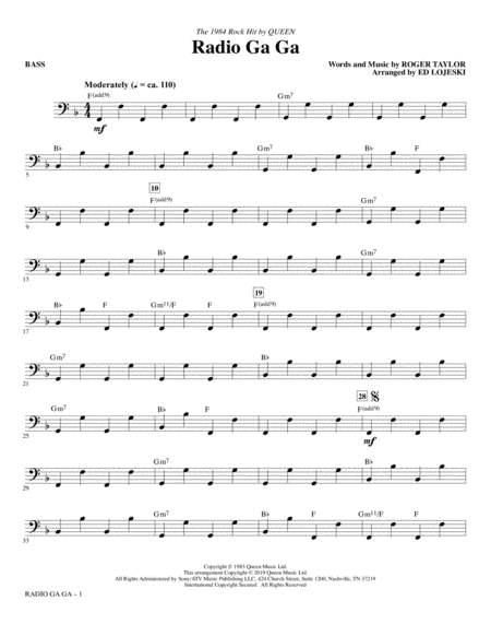 Free Sheet Music Radio Ga Ga Arr Ed Lojeski Bass