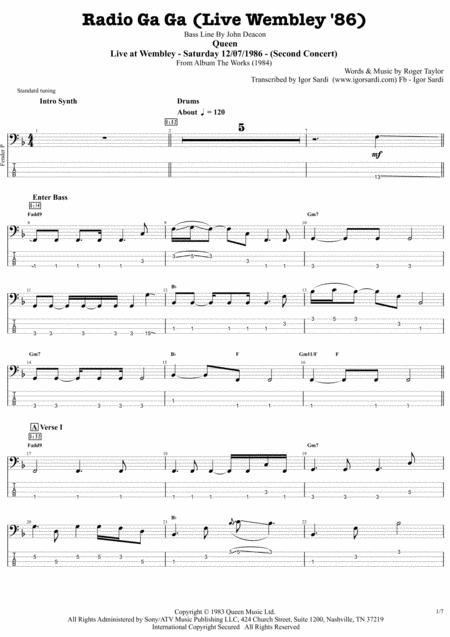 Free Sheet Music Radio Ga Ga Live Wembley 86 Queen John Deacon Complete And Accurate Bass Transcription Whit Tab