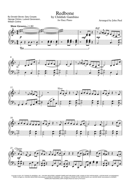 Redbone Easy Piano Sheet Music