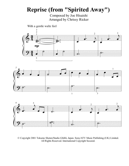 Reprise From Spirited Away Beginner Big Note Piano Sheet Music