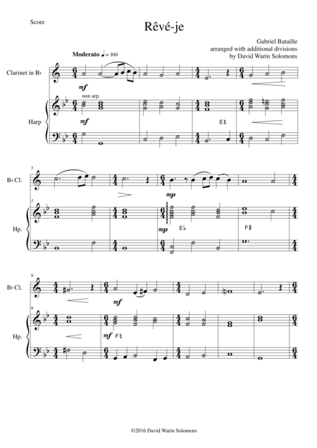 Reve Je For Clarinet Lower Version And Harp Sheet Music