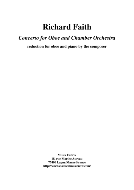 Richard Faith Concerto For Oboe And Chamber Orchestra Piano Reduction And Solo Part Sheet Music