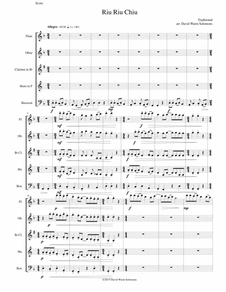 Riu Riu Chiu Arranged For Wind Quintet Sheet Music