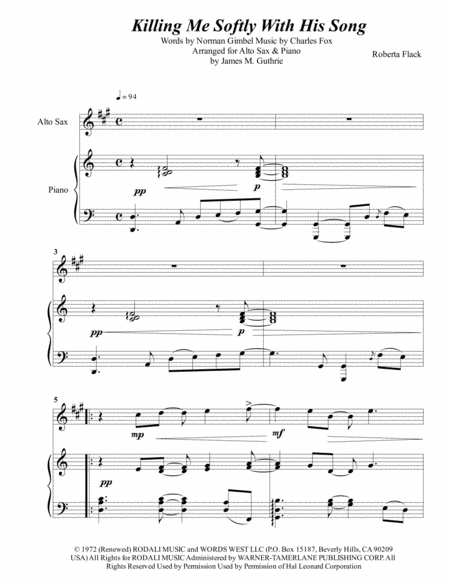 Roberta Flack Killing Me Softly With His Song For Alto Sax Piano Sheet Music