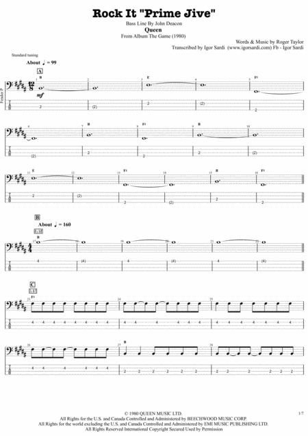 Free Sheet Music Rock It Prime Jive Queen John Deacon Complete And Accurate Bass Transcription Whit Tab