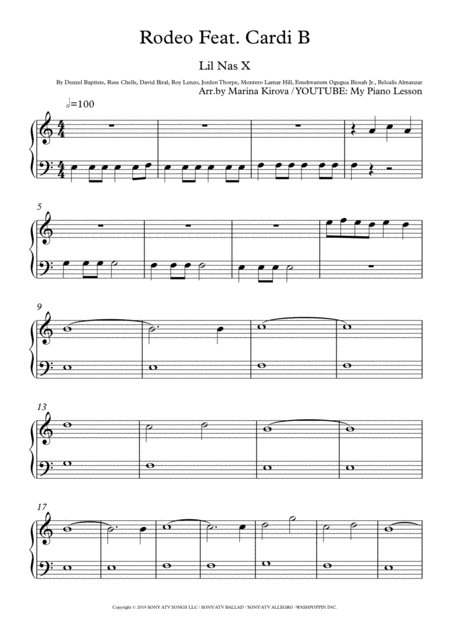 Rodeo Feat Cardi B Easy Solo Piano In Easy To Read Format Sheet Music