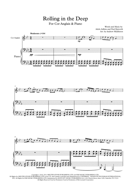 Rolling In The Deep Arranged For Cor Anglais Piano Sheet Music